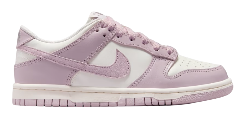 Pink and white sneaker with a visible brand logo on a white background