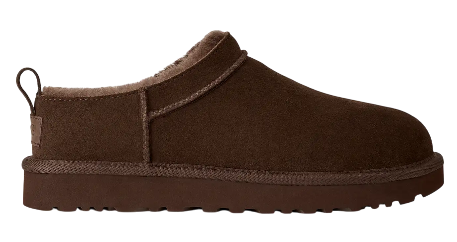 Brown slip-on shoe with fuzzy lining on a white background