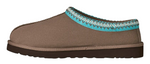 Brown slipper with a blue and white patterned trim on a white background - Image 3