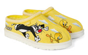 Yellow slippers with cartoon characters on a white background