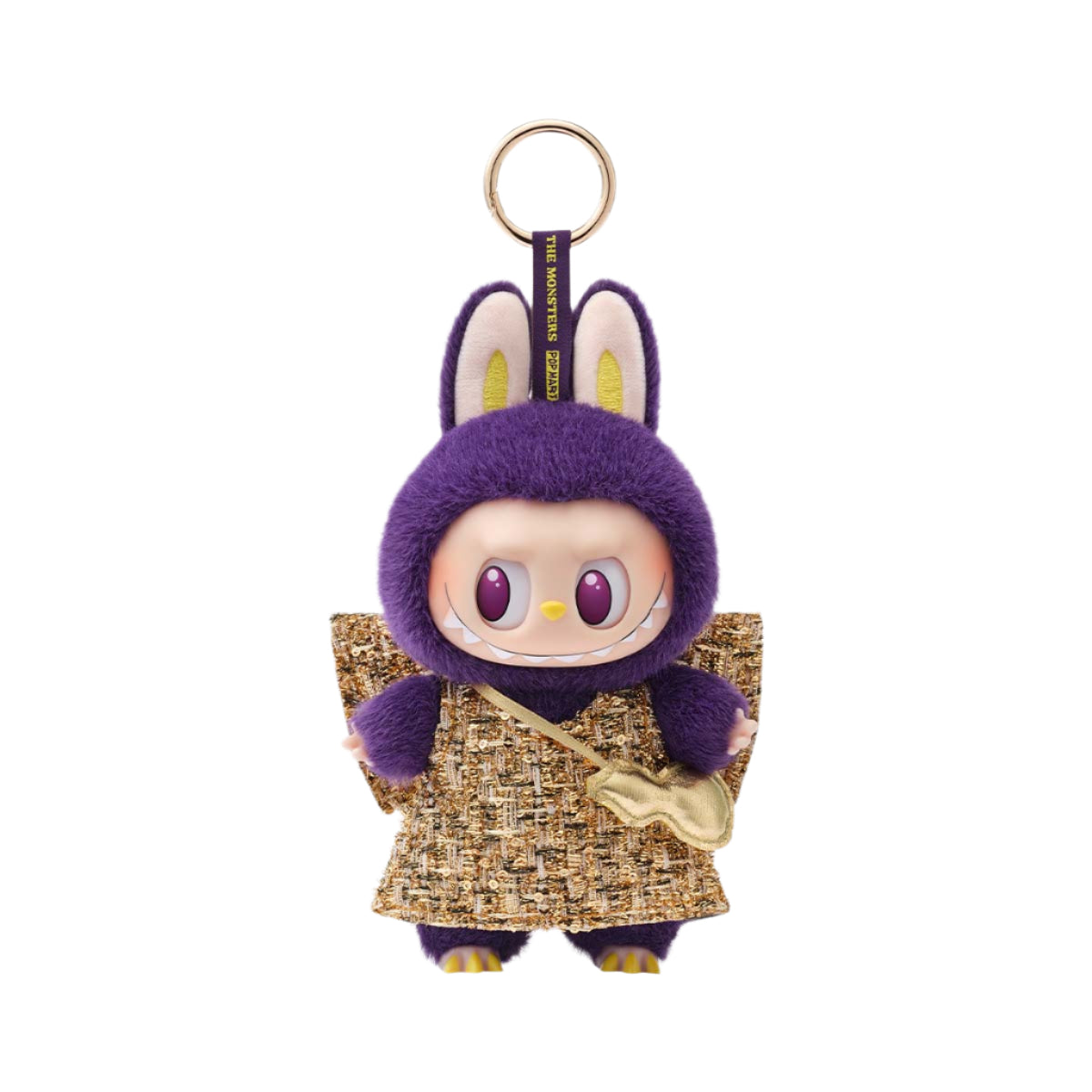 Purple plush keychain with a gold skirt on a white background