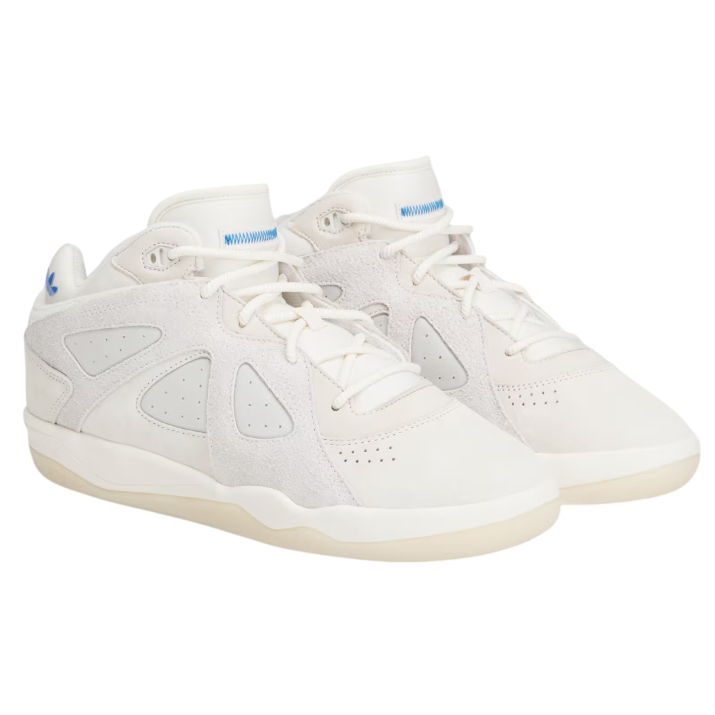 White sneakers with a blue tag on a white background