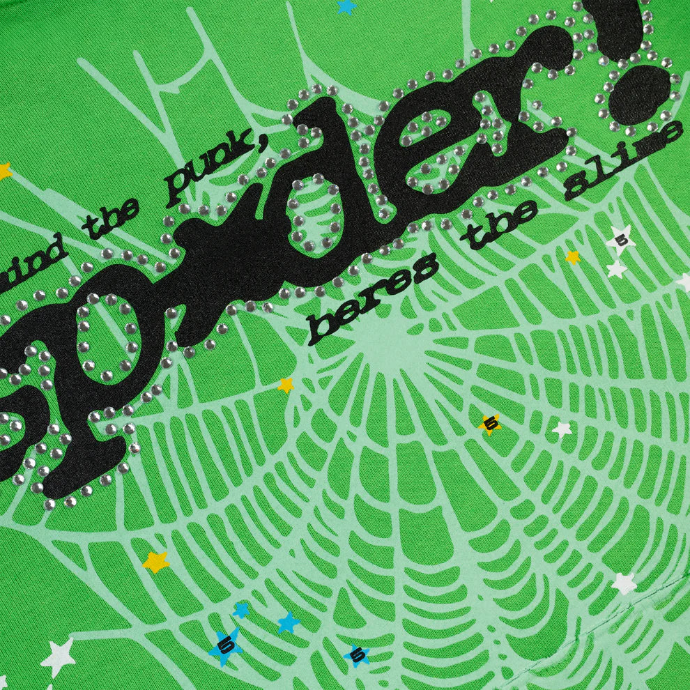 Sp5der Punk V2 Rhinestone Hoodie Bright Green