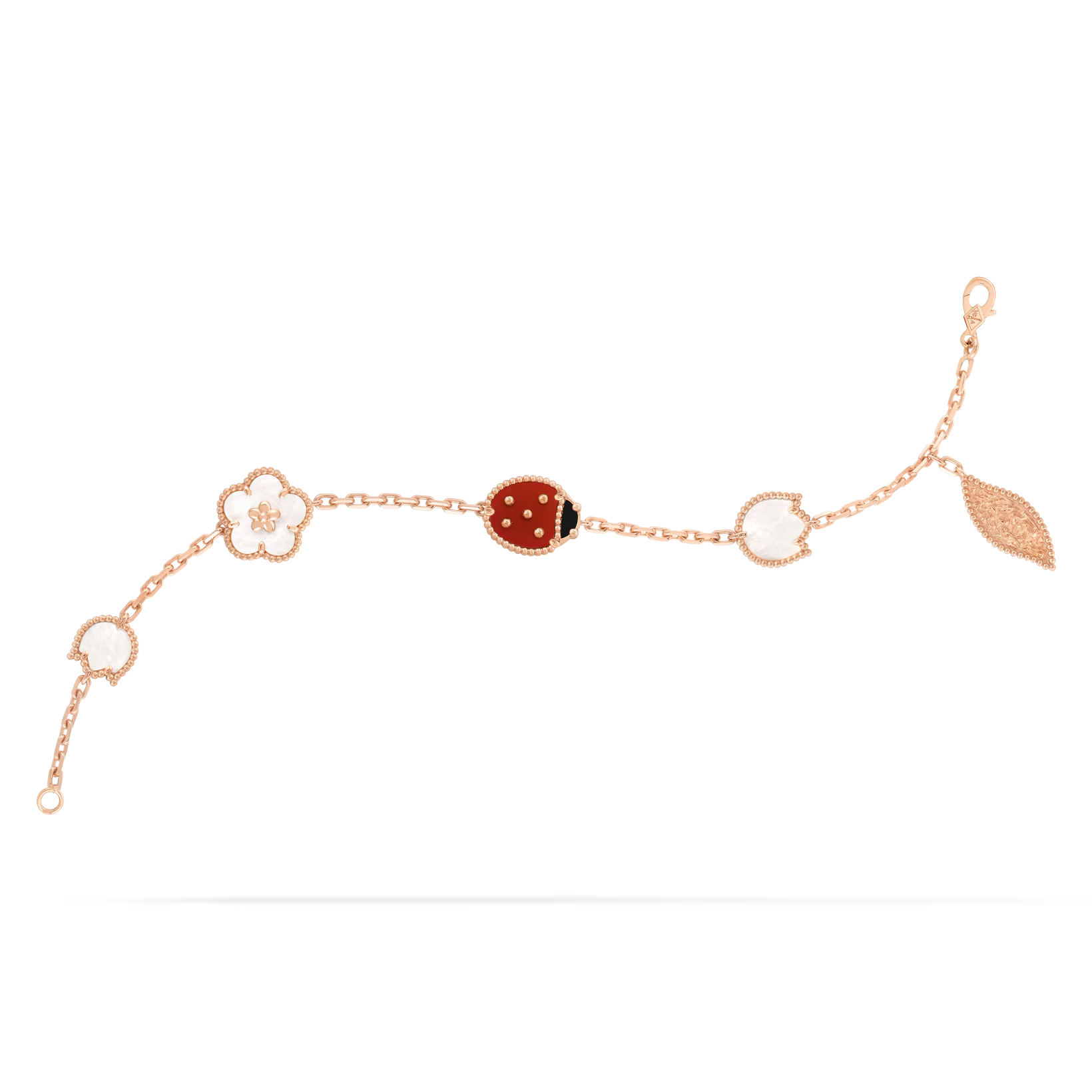 Van Cleef & Arpels Lucky Spring bracelet, 5 motifs 18K rose gold, Carnelian, Mother-of-pearl, Onyx