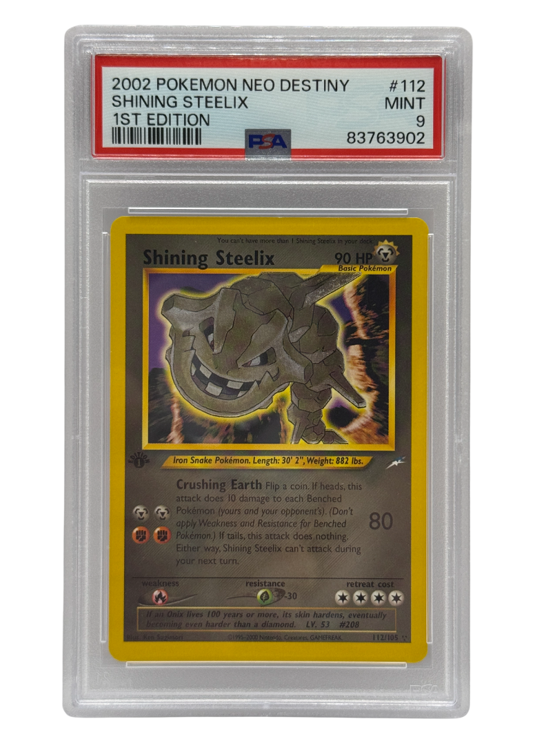 Pokémon trading card in protective packaging with a white background