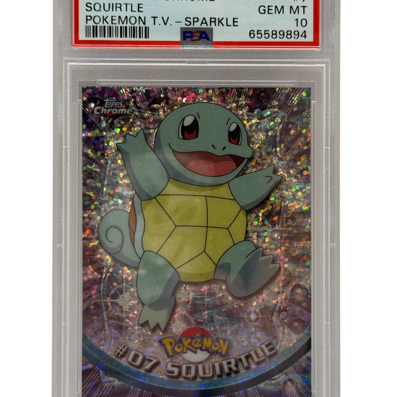 Pokémon trading card featuring Squirtle in a protective case with Topps branding.