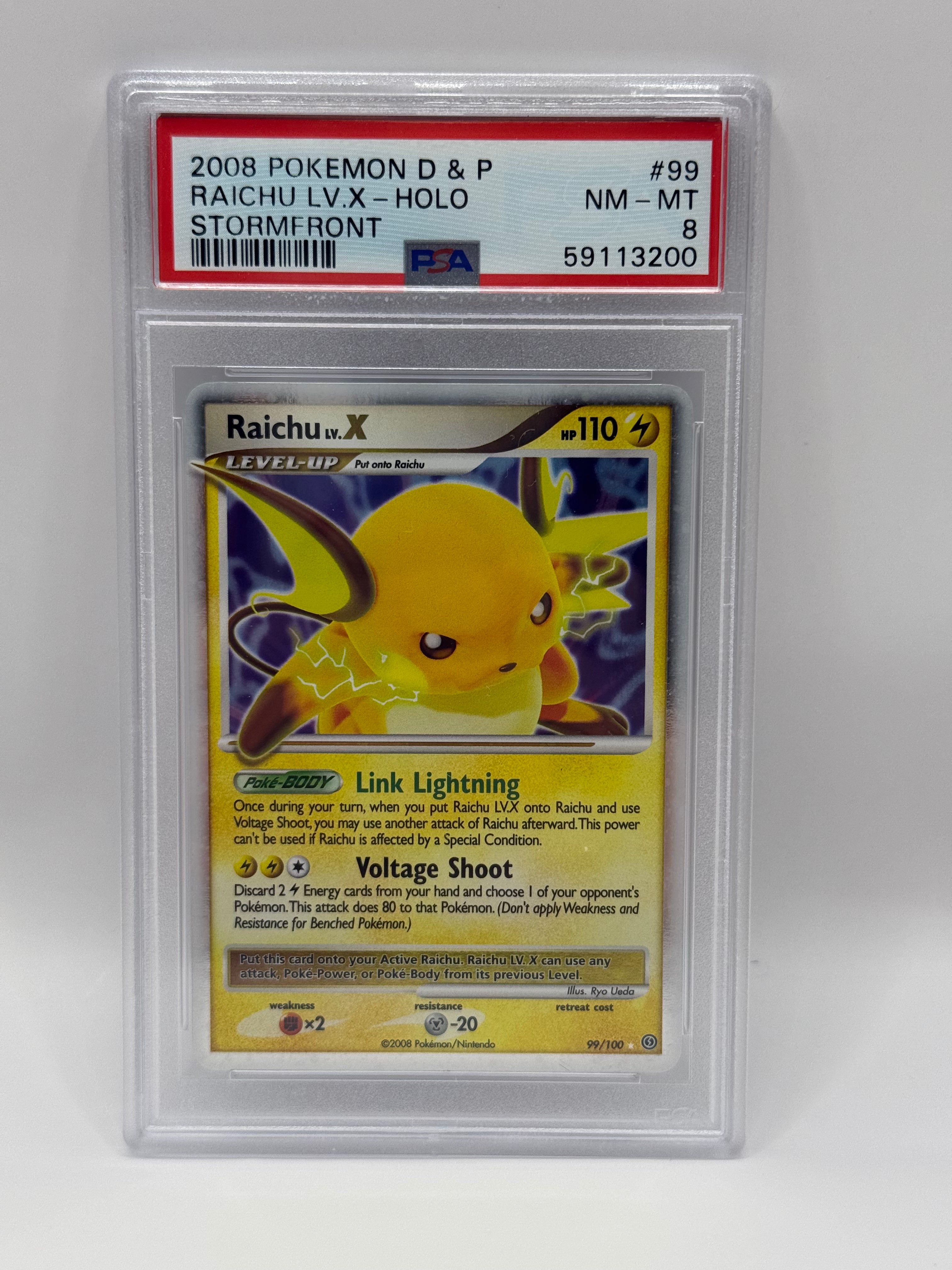 2008 Pokémon D & P Stormfront Raichu Lv. X Holo 99/100 PSA 8 NEAR MINT - MINT
