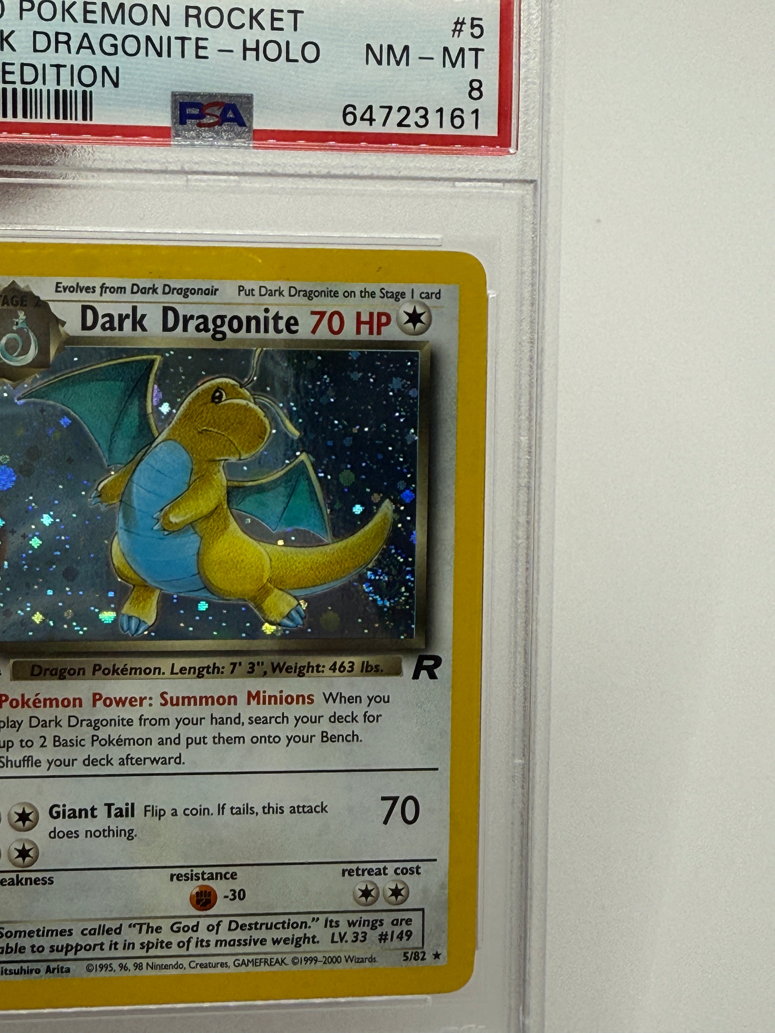 2000 Pokémon Rocket 1st Edition Dark Dragonite Holo (Swirl) 5/82 PSA 8 NEAR MINT - MINT