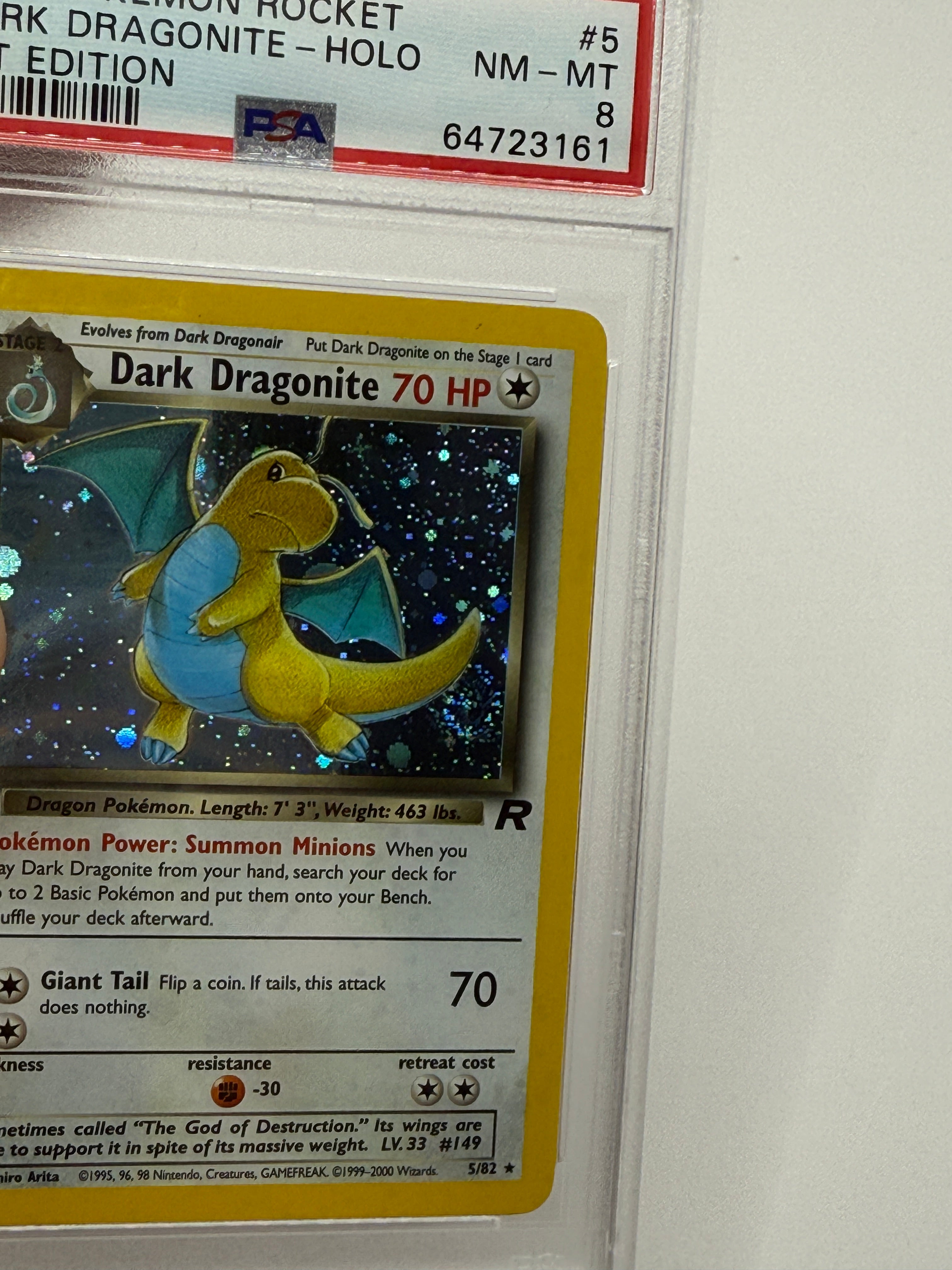 2000 Pokémon Rocket 1st Edition Dark Dragonite Holo (Swirl) 5/82 PSA 8 NEAR MINT - MINT