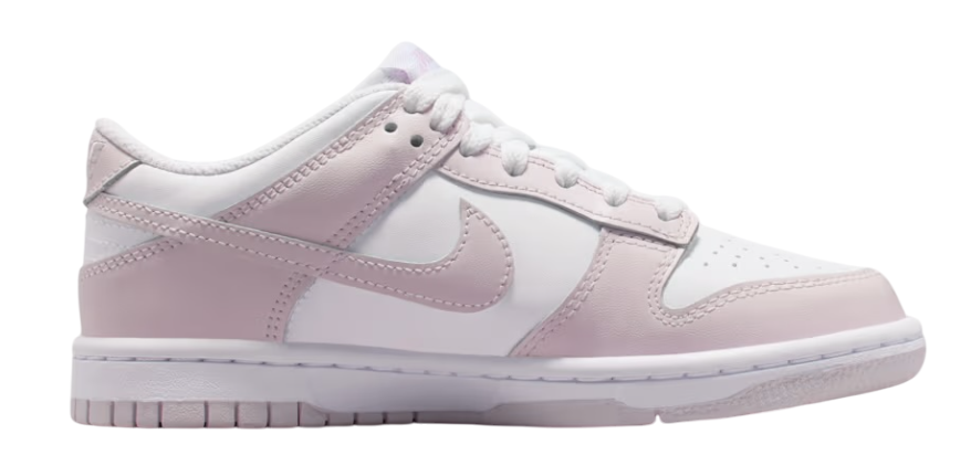 Pink and white sneaker with Nike logo on a white background