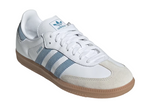 White Adidas sneaker with blue stripes on a white background - Image 2