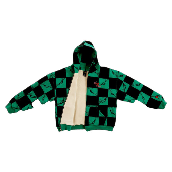ANTI PROMO Zip Up Hoodie Green Black - front, unzipped showing thermal lining