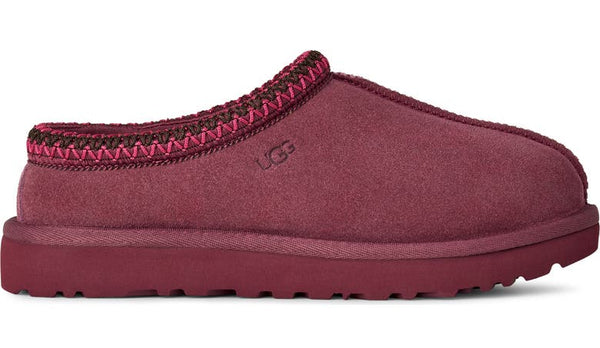 Maroon slipper with red trim on a white background